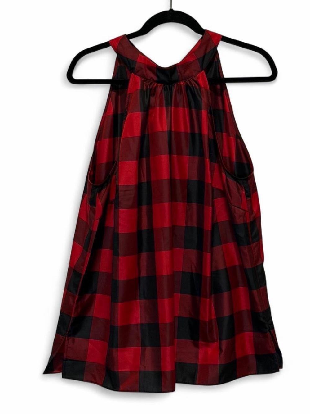 Talbots Womens Red Black Buffalo Plaid Halter Neck Tie Back Blouse Top Size 14